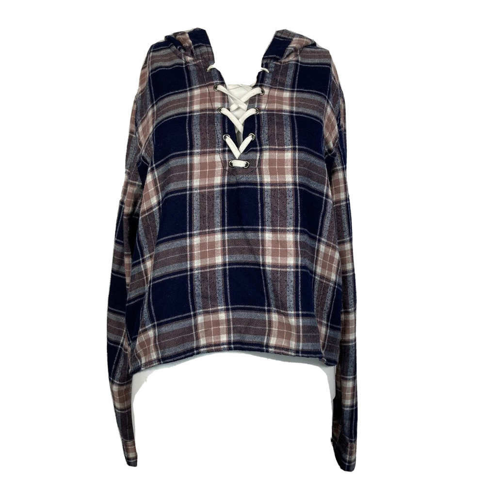 Garage Shirt Womens Sz M Blue Brown Plaid Flannel V-Neck Lace Up Hooded Top